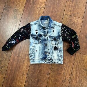 Evolution Kids acid washed Denim Jean Jacket with Black paint spatter Sleeves 4T